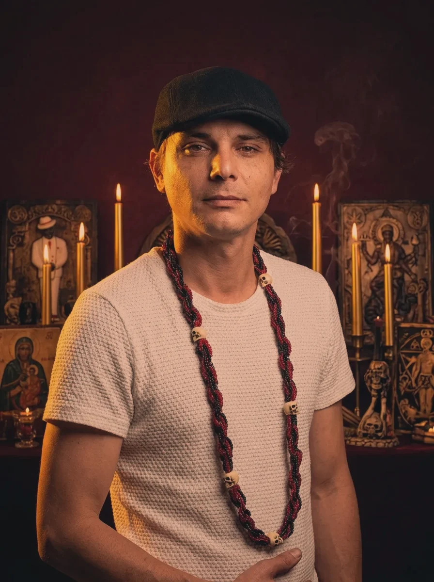 Bruxo Yago diante de seu altar místico com velas acesas