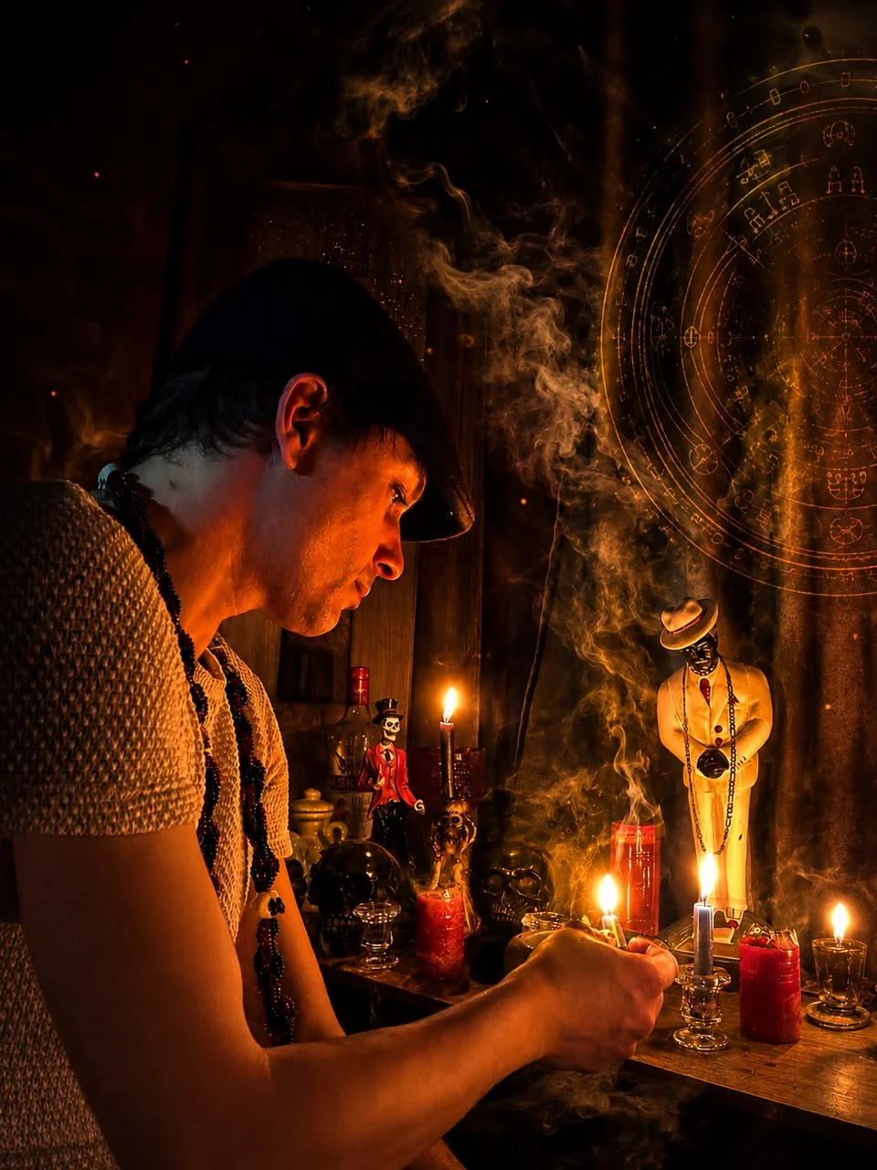 Bruxo Yago conduzindo um ritual à luz de velas
